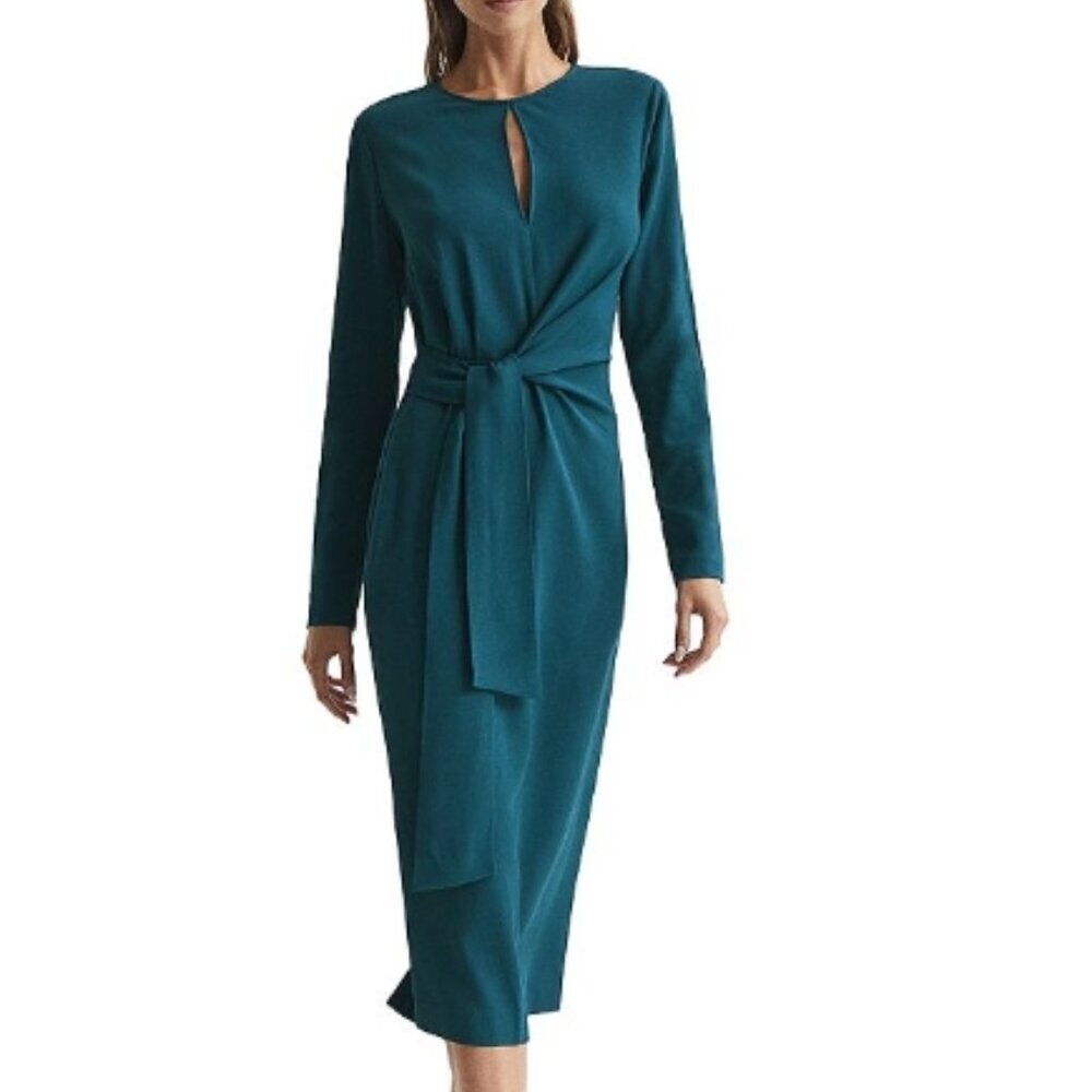 Brand New- Never Worn REISS Valentina Tie Waist Bodycon Midi Dress Teal US 4 NWT